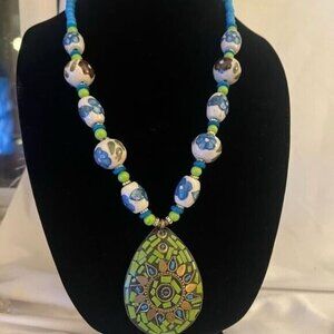 Vintage Lg Blue Pendant Necklace Mosaic Turquoise Gripoix Beads 70s Boho Retro
